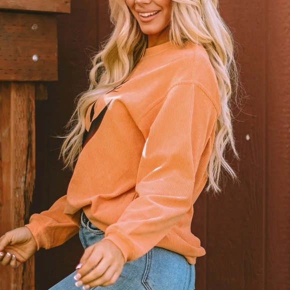 Orange Pumpkin Smile Face Graphic Sweatshirt - Picture 3 of 9